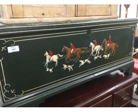 A Victorian pine trunk, with painted fox hunting decoration