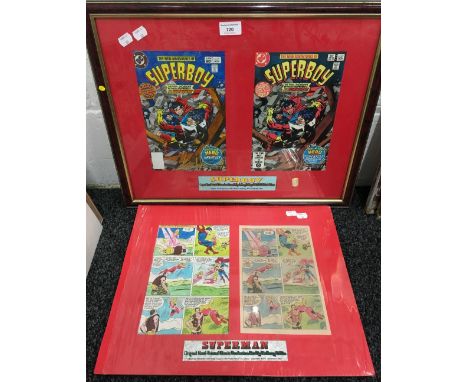 Superman and Superboy, hand painted comic production art by Anthony Tollin, one signed, one framed and glazed, the other moun