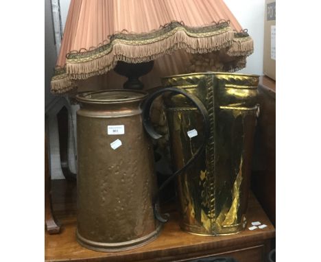 A grotto lamp base, brass stick stand, jug and cover, and a modern pricket stick