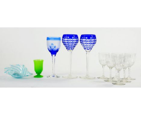  A PAIR OF BLUE  FLASHED AND CUT HOCK GLASSES,  A BLUE OVERLAY WINE GLASS, SIX SHERRY GLASSES AND TWO OTHER ITEMS