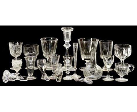 A SMALL COLLECTION OF 19TH CENTURY ENGLISH DRINKING GLASS TO INCLUDE RUMMERS AND GOBLETS, A VICTORIAN GLASS TOBACCO PIPE FRIG