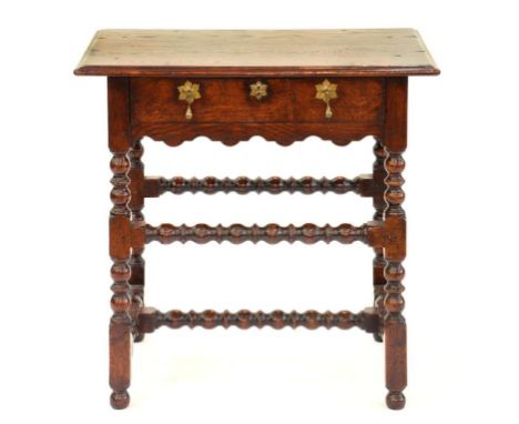 AN OAK SIDE TABLE ON BOBBIN TURNED LEGS, 75CM W, ELEMENTS LATE 17TH CENTURY 