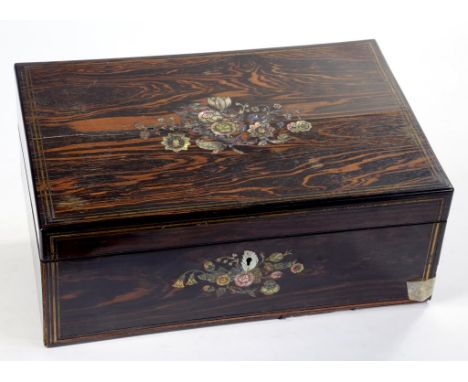 A VICTORIAN CORAMANDEL WRITING BOX, INLAID IN MOTHER OF PEARL AND ABALONE WITH FLOWERS AND OUTLINED WITH  BRASS STRINGING, FI