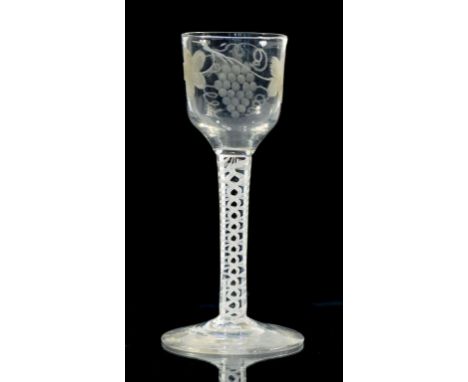 A WINE GLASS, THE OGEE BOWL ENGRAVED WITH GRAPES AND A BIRD ON DOUBLE SERIES OPAQUE TWIST STEM, 14.5CM H, C1770