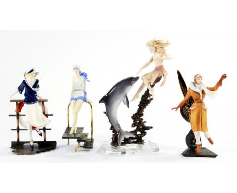 FOUR ART DECO STYLE AND OTHER CONTEMPORARY ENGLISH PORCELAIN AND BRONZED METAL FIGURES OF ELEGANT YOUNG WOMEN, ONE ON GLASS B