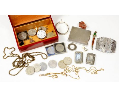 A SILVER CIGARETTE CASE, BIRMINGHAM 1934, ONE SILVER AND SEVERAL BASE METAL CROWNS, A SILVER WATCH, SILVER BRACELET, EPNS VES