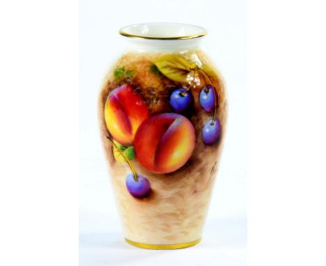 A ROYAL WORCESTER SHOULDERED OVIFORM VASE, PAINTED WITH FRUIT,  INDISTINCTLY SIGNED, 10CM H, BLACK PRINTED MARK