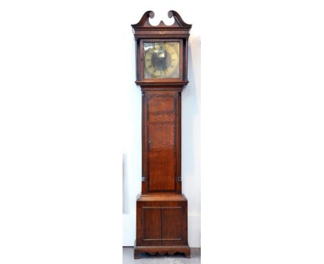 AN 18TH CENTURY OAK THIRTY HOUR LONGCASE CLOCK, THE BRASS DIAL INSCRIBED JAMES MONKHOUSE CARLISLE, 214CM H 