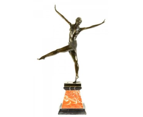 AN ART DECO STYLE BROZED METAL STATUETTE OF A DANCER AFTER D H CHIPARIS ON MARPLE PLINTH, 59CM H,