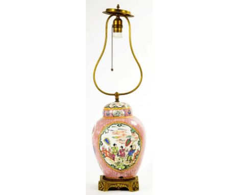 A FRENCH BRASS MOUNTED CHINESE STYLE PINK GROUND PORCELAIN GINGER JAR SHAPED LAMP, 70CM H, EARLY/MID 20TH C