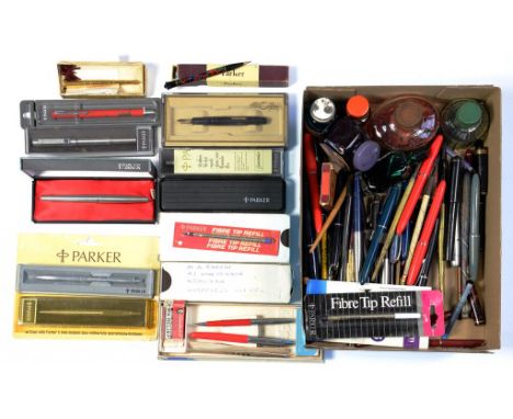 A QUANTITY OF VINTAGE PENS AND PENCILS, SEVERAL BOXED, INK AND ACCESSORIES