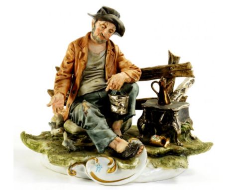 A CAPO DE MONTI FIGURE OF A TRAMP ON A BENCH, 22CM H AND A PAIR OF AMBER FLASHED GLASS SWEETMEAT VASES AND COVERS, 29CM H AND