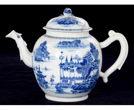 A CHINESE EXPORT PORCELAIN BLUE AND WHITE GLOBULAR TEAPOT AND COVER, 15.5CM H, CIRCA 1770 (COVER BROKEN AND RESTUCK)