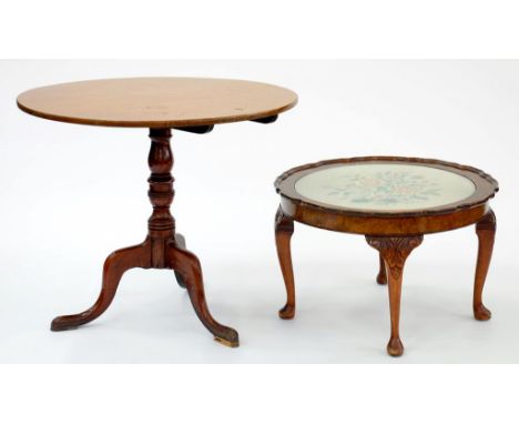 AN OAK TILT TOP TRIPOD TABLE AND A GLASS TOPPED OCCASIONAL TABLE