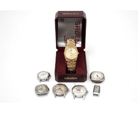 Six manual wind wristwatches, by Roxedo, Arta, Cyma (braille), Rotary, Gruen, and a double dial watch; together with a Gruen 