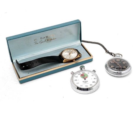 A Heuer "Trackmaster" stopwatch; an Ingersoll military-style pocket watch; with black dial and luminous Arabic numerals; and 