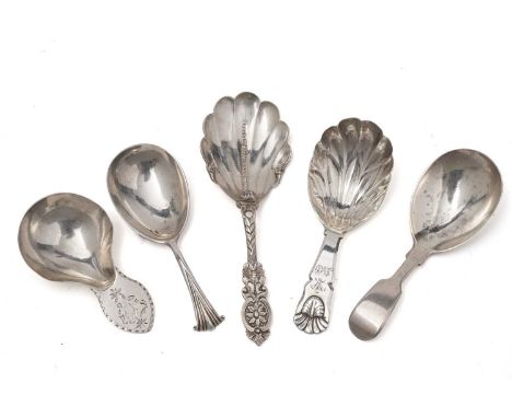 Five antique silver hallmarked caddy spoons. (5)