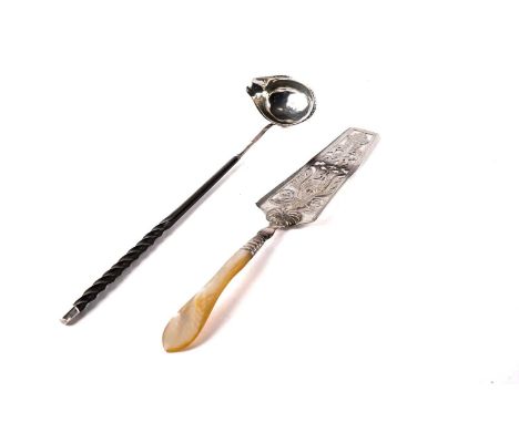 A German silver tartlet slice, the pierced blade with other of pearl handle; together with a Georgian silver toddy ladle, by 