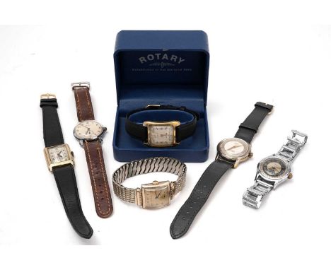 Six manual wind wristwatches, by Rotary (boxed), Benrus, Fero Matic, Butex, Ralco, and Eros, all with straps.