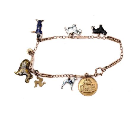 A 9ct yellow gold and enamel charm bracelet, with animal charms, an ARP charm engraved 'Gas Cleansing 1941-1944', 10.0g gross