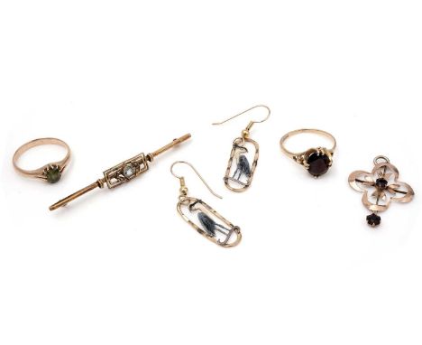 A pair of gold and enamel earrings with heron design; two rings, a pendant and a brooch.