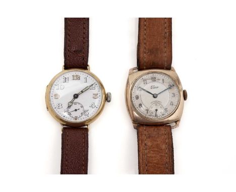An 18ct yellow gold cased wristwatch by Longines, the white enamel arabic dial with manual wind 16-jewel movement; a 9ct gold