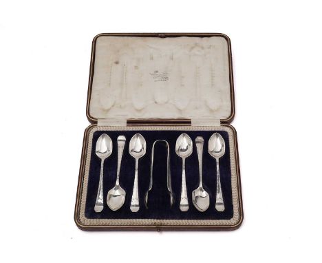 A cased set of silver spoons and tongs, by Henry Wilkinson, Sheffield 1905, with rivetted design, cased.