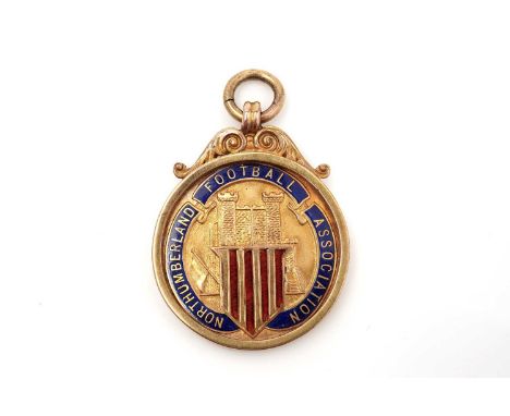 A 9ct yellow gold and enamel fob medal, for the Northumberland Football Association, 'Minor Cup Winners 1938-39', 7.1g gross.