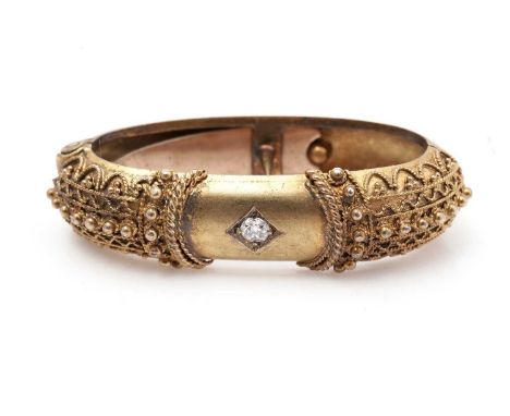 A Victorian gold and diamond scarf ring, with beadwork decoration, 3.8g gross. 