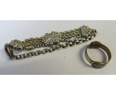 &nbsp;A Victorian white metal watch chain bracelet, together with a yellow metal ring, the oval head with black enamel depict