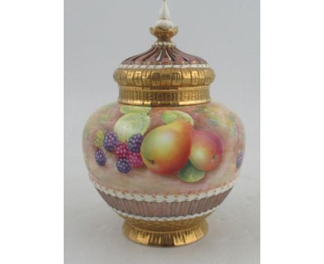A Royal Worcester crown top pot pourri, decorated half round with fruit by Leaman, with inner and outer cover, shape number 1