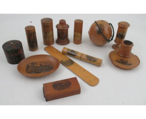 A collection of Mauchline ware, to include an egg timer, cases, etc, all printed with names views and a tartan ware box