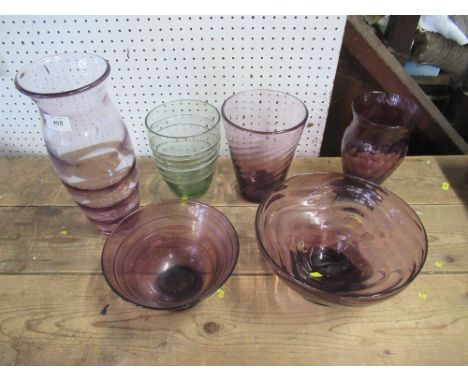 Six pieces of glass to include Whitefriars , rib and trail pattern , optic moulded, heights 13ins and down