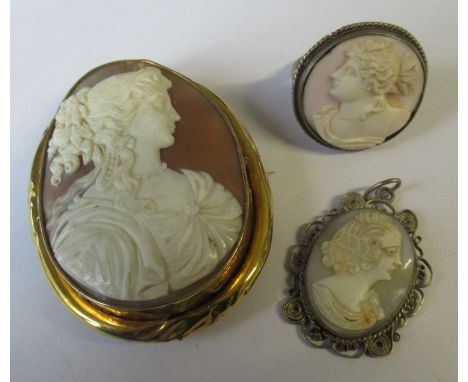 A Victorian gold Mounted cameo brooch, depicting bust portrait, together with a filigree cameo pendant and a cameo ring&nbsp;