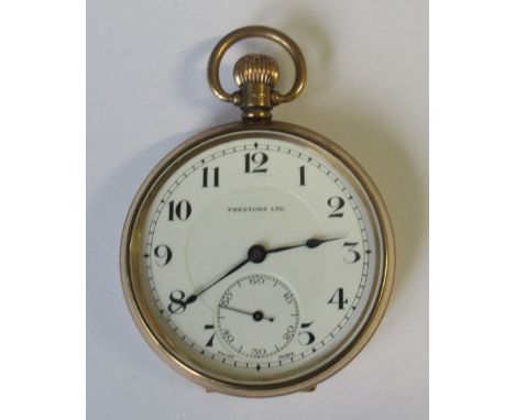 A 9ct gold cased pocket watch, the enamel dial inscribed Prestons Ltd with subsidiary seconds dial, weight 85.0g, Birmingham 