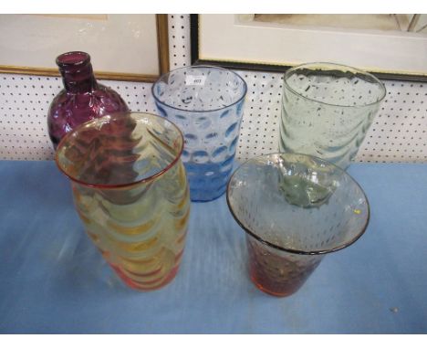 Five Whitefriars vases, including Amethyst , seed green, wave ribbed example