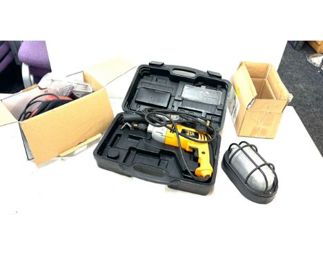 Selection of tools includes cased hammer drill, wood planer and a outside light