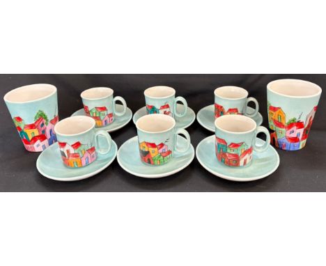Set 6 hand painted Spanish cups and saucers together with 2 matching beakers 