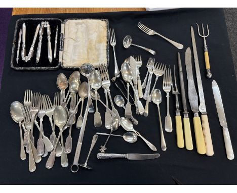 Selection of silver plated cutlery, cased nut cracker set etc