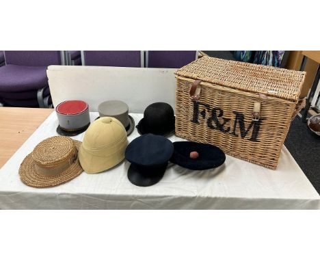 Vintage F+M hamper box and a selection of vintage and later hats 