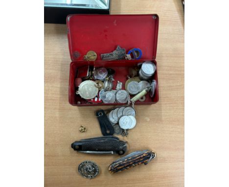 Selection of collectables includes Pocket knives, badges, esso tokes etc