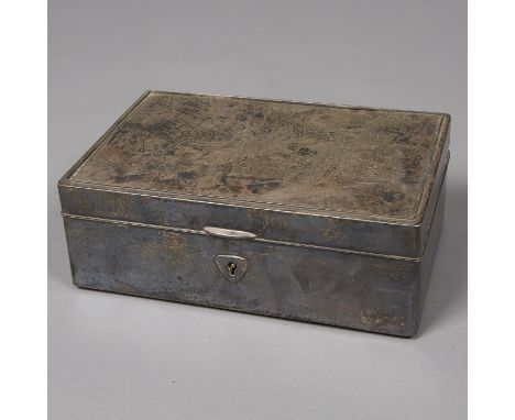 One sterling silver jewelry box with chrysanthemums and other flowers engraved on the lid. Apricot velvet interior with an up