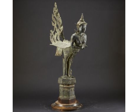 Thai bronze sculpture of a Garuda bird. Mounted on a round wooden base. Provenance: Distinguished corporate collection, Minne