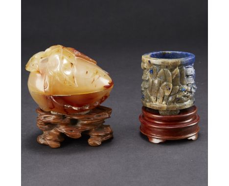Carved agate peach form box with original wooden stand. Carved lapis lazuli miniature brush pot with original wooden stand. T