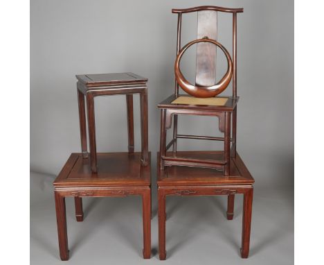 Group of Chinese-style Thai teak furniture, comprised of two square side tables, one small side table, one chair and one circ