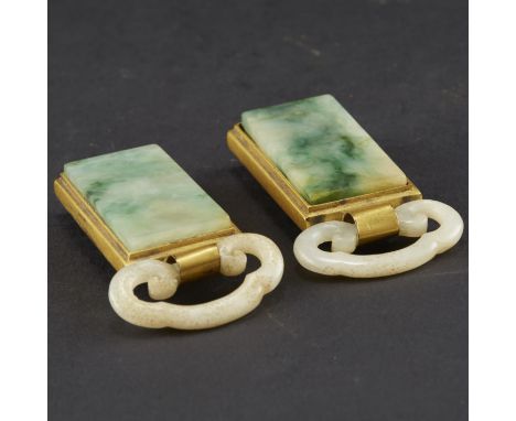 Fine set of 19th century white and moss jade gilt bronze buckles.Height: 2 1/2 in x width: 1 in.