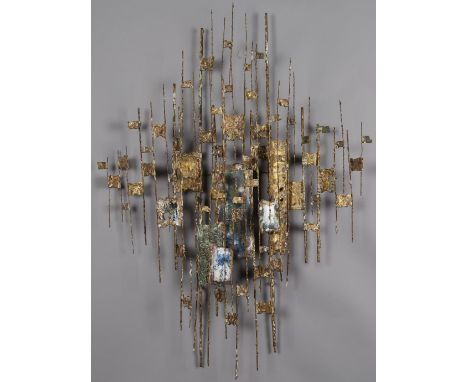 Curtis Jere-style Mid-Century Brutalist wall hanging with metal rods and painted panels.Note: Portion of the proceeds from th