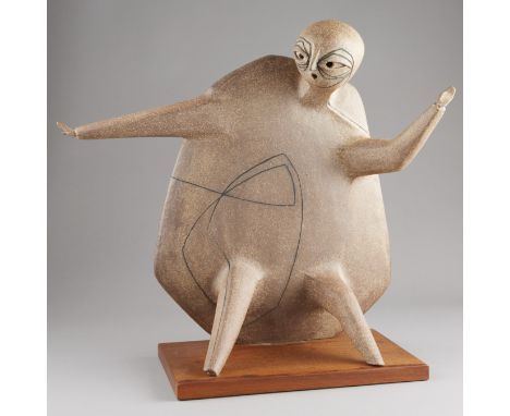 Joel Edwards. Ceramic sculpture of a flat, abstracted seated figure.Note: Portion of the proceeds from this lot will be donat