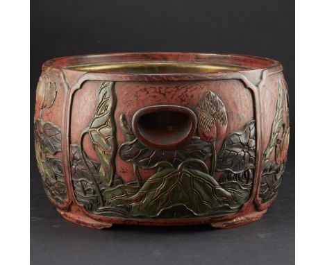 Japanese wooden hibachi from the Showa period with copper liner. Outside bears a deeply carved and lacquered decoration of lo