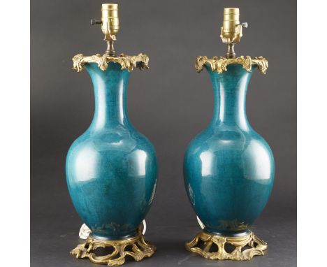 Pair of early 19th century Chinese rich turquoise porcelain vases mounted in ornate French gilt bronze around the turn of the